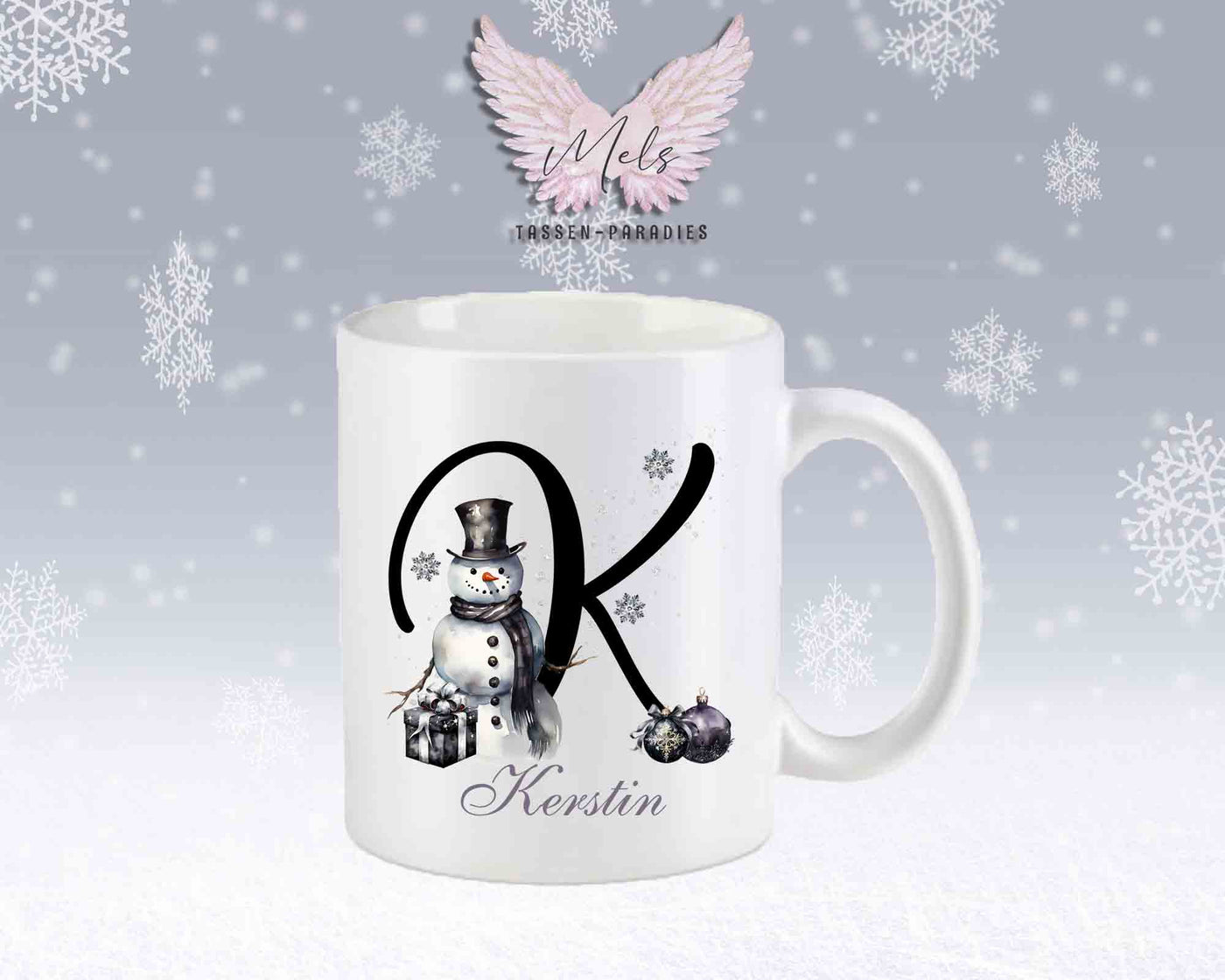 Schneemann Black-Alphabet mit Name - Personalisierte Keramik-Tasse Weiß-Matt