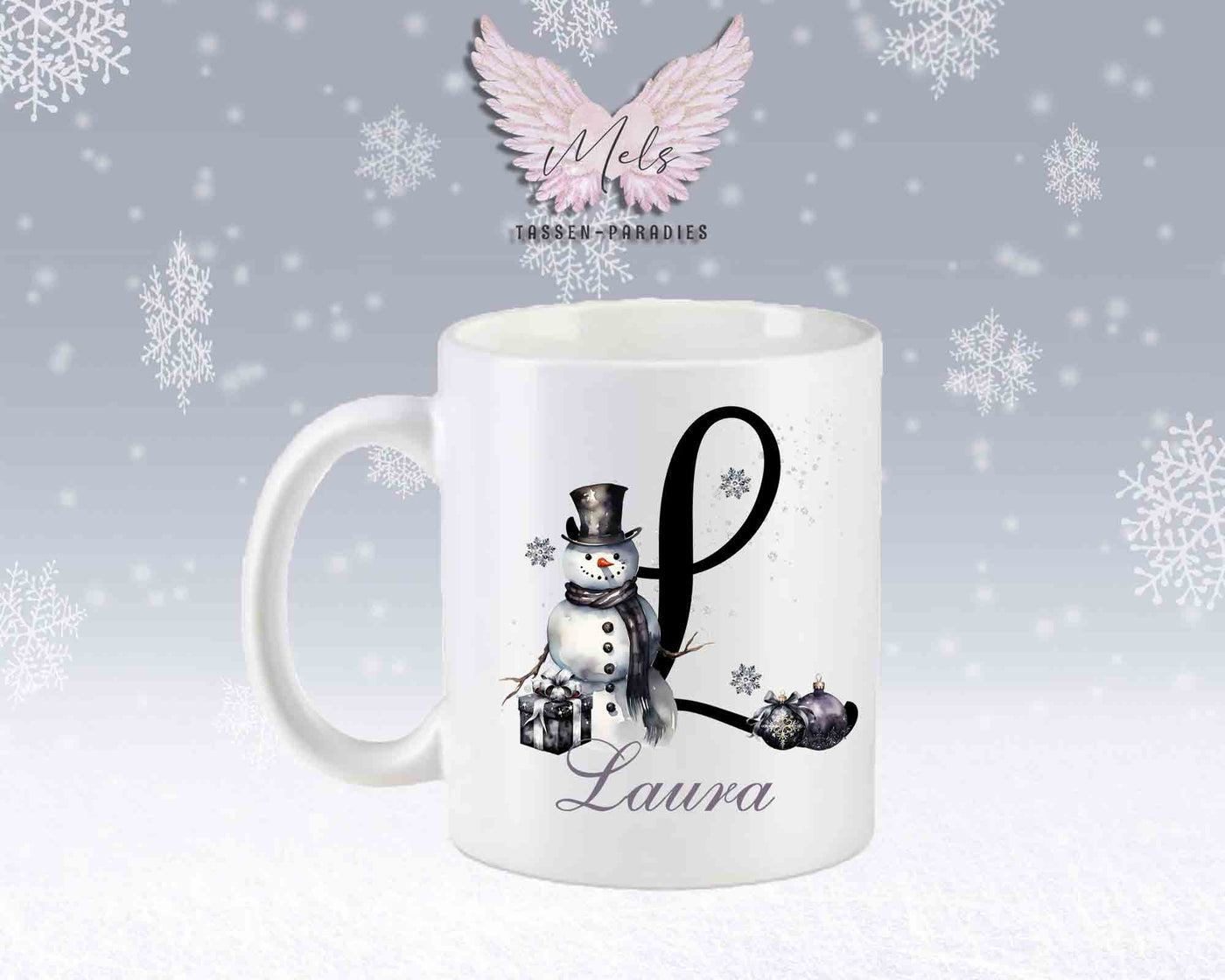Schneemann Black-Alphabet mit Name - Personalisierte Keramik-Tasse Weiß-Matt