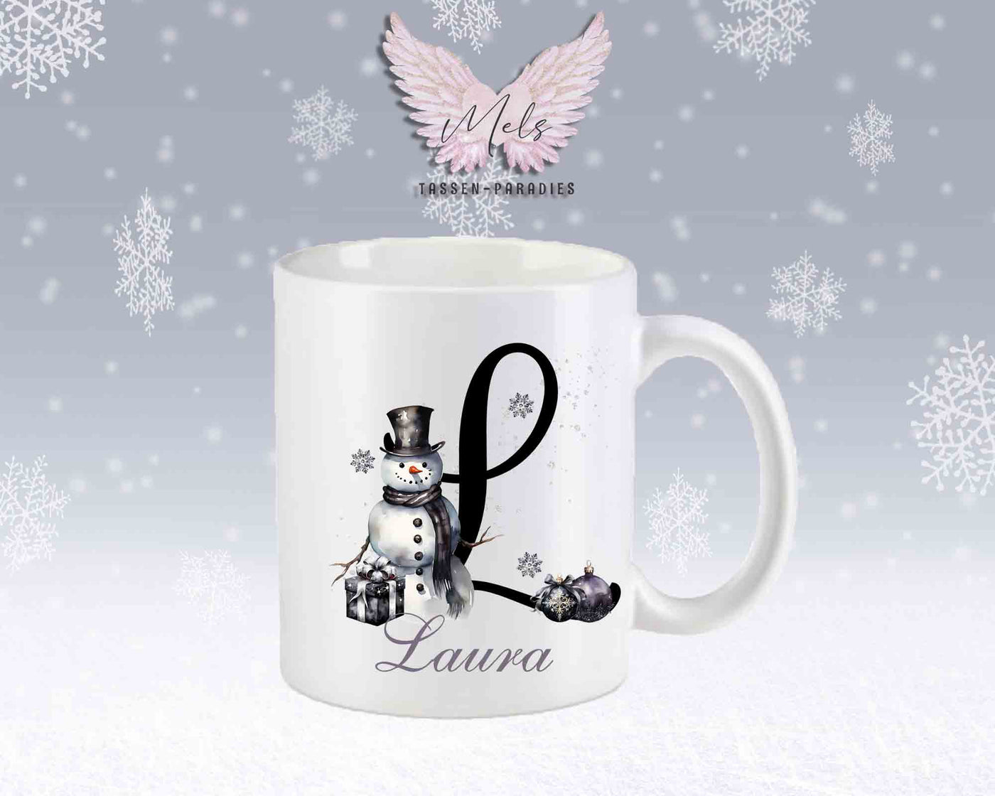 Schneemann Black-Alphabet mit Name - Personalisierte Keramik-Tasse Weiß-Matt