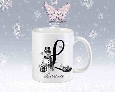 Schneemann Black-Alphabet mit Name - Personalisierte Keramik-Tasse Weiß-Matt