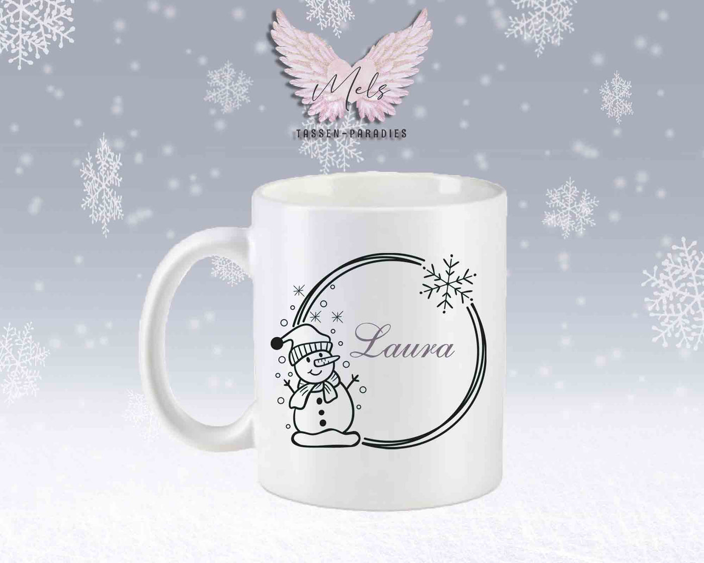 Schneemann Black-Alphabet mit Name - Personalisierte Keramik-Tasse Weiß-Matt