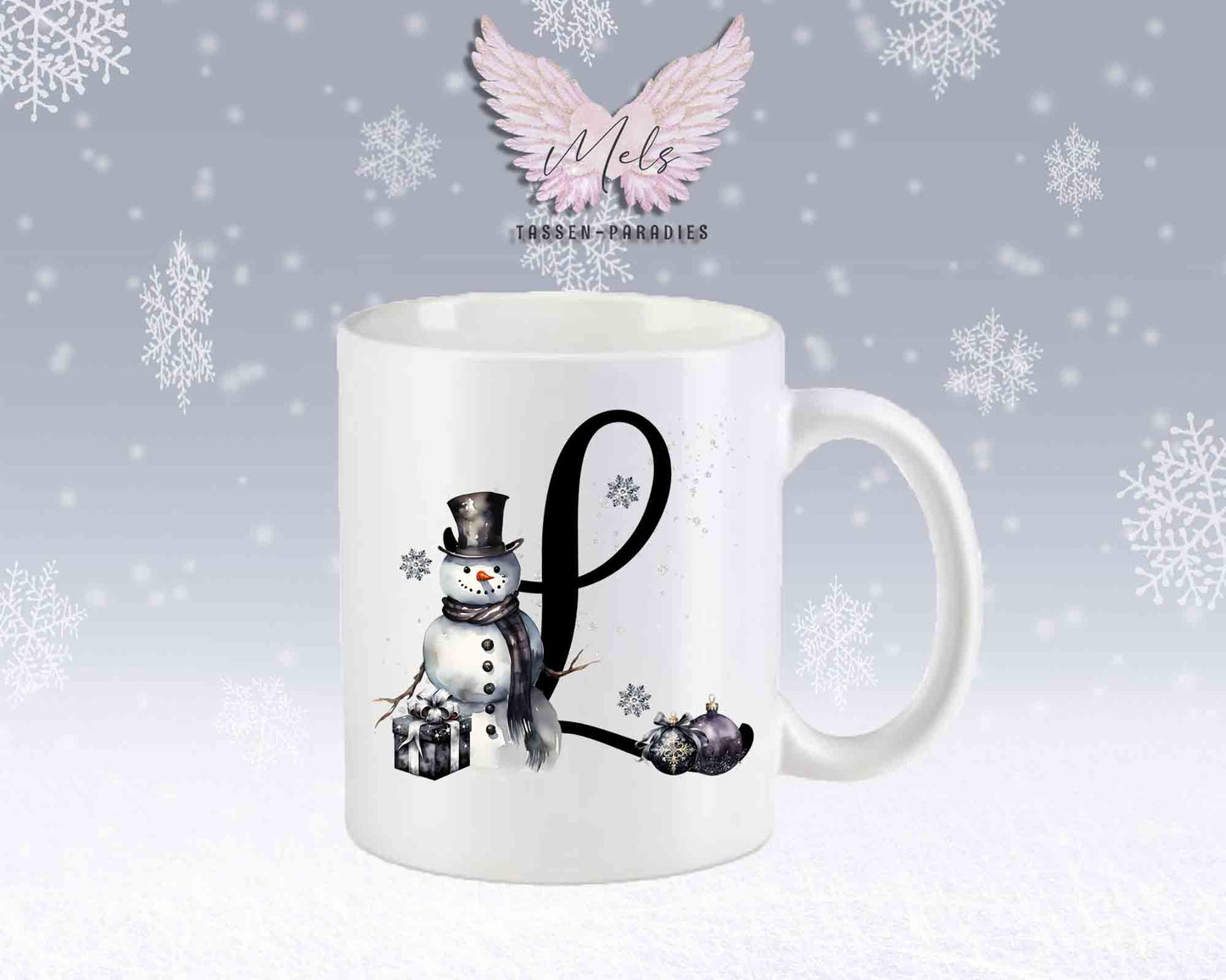 Schneemann Black-Alphabet mit Name - Personalisierte Keramik-Tasse Weiß-Matt