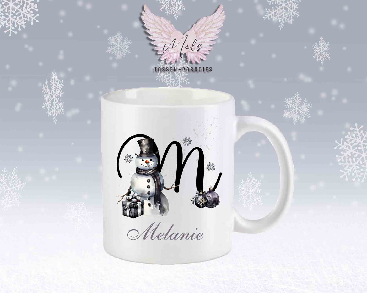 Schneemann Black-Alphabet mit Name - Personalisierte Keramik-Tasse Weiß-Matt
