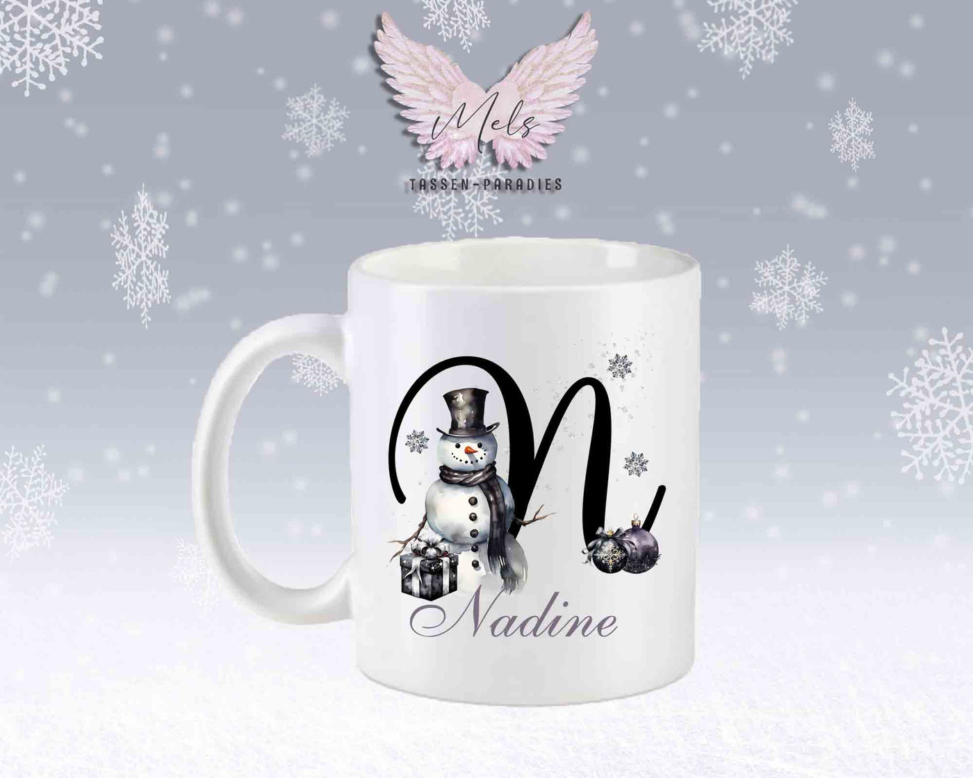 Schneemann Black-Alphabet mit Name - Personalisierte Keramik-Tasse Weiß-Matt
