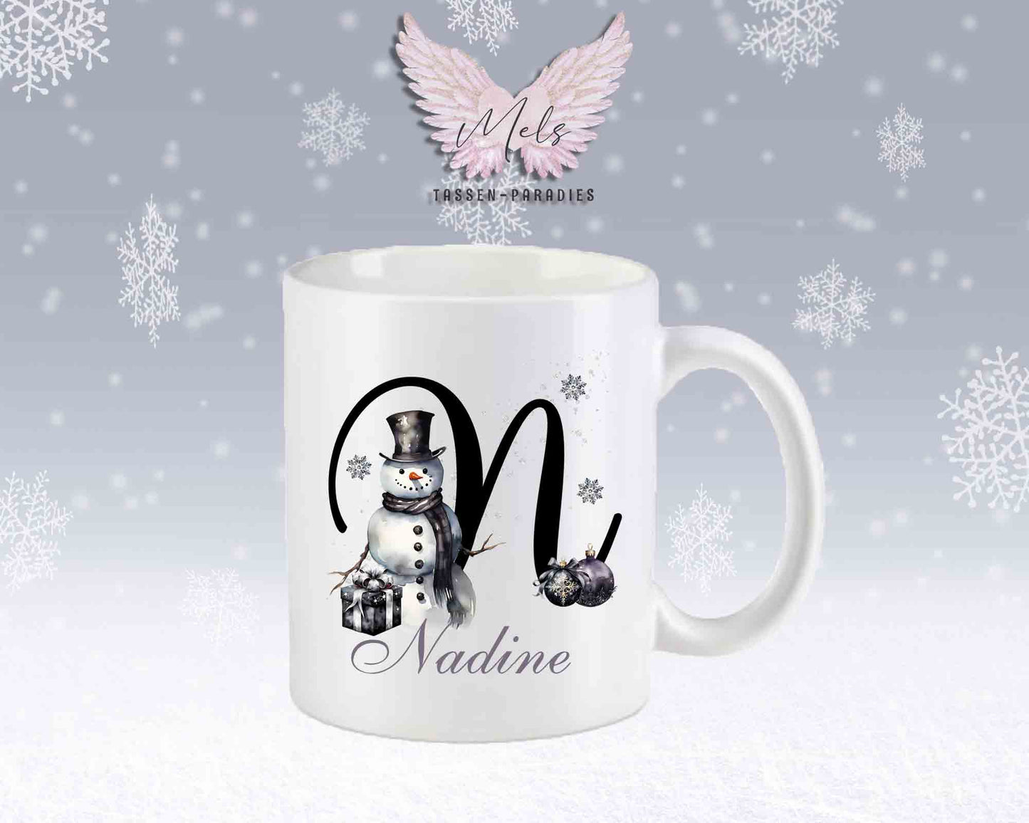 Schneemann Black-Alphabet mit Name - Personalisierte Keramik-Tasse Weiß-Matt