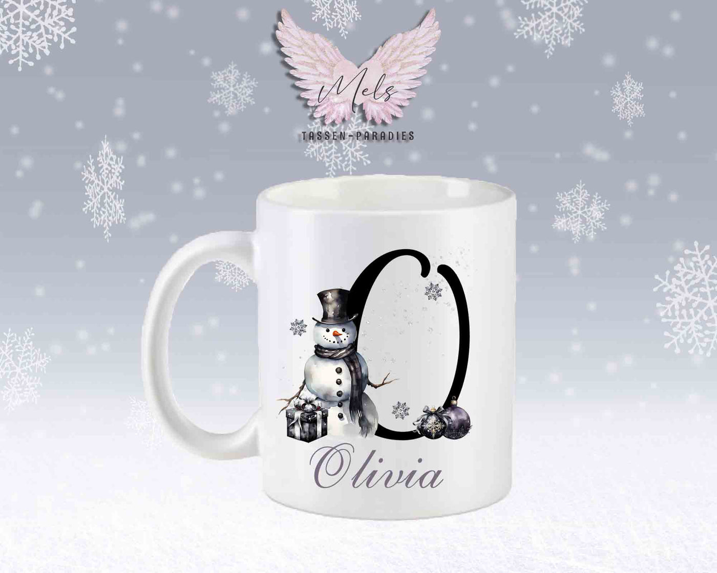 Schneemann Black-Alphabet mit Name - Personalisierte Keramik-Tasse Weiß-Matt