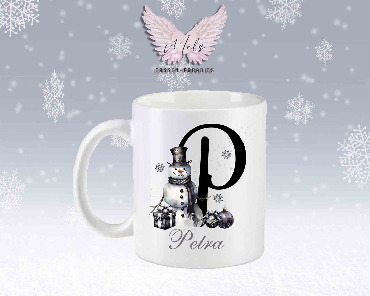 Schneemann Black-Alphabet mit Name - Personalisierte Keramik-Tasse Weiß-Matt