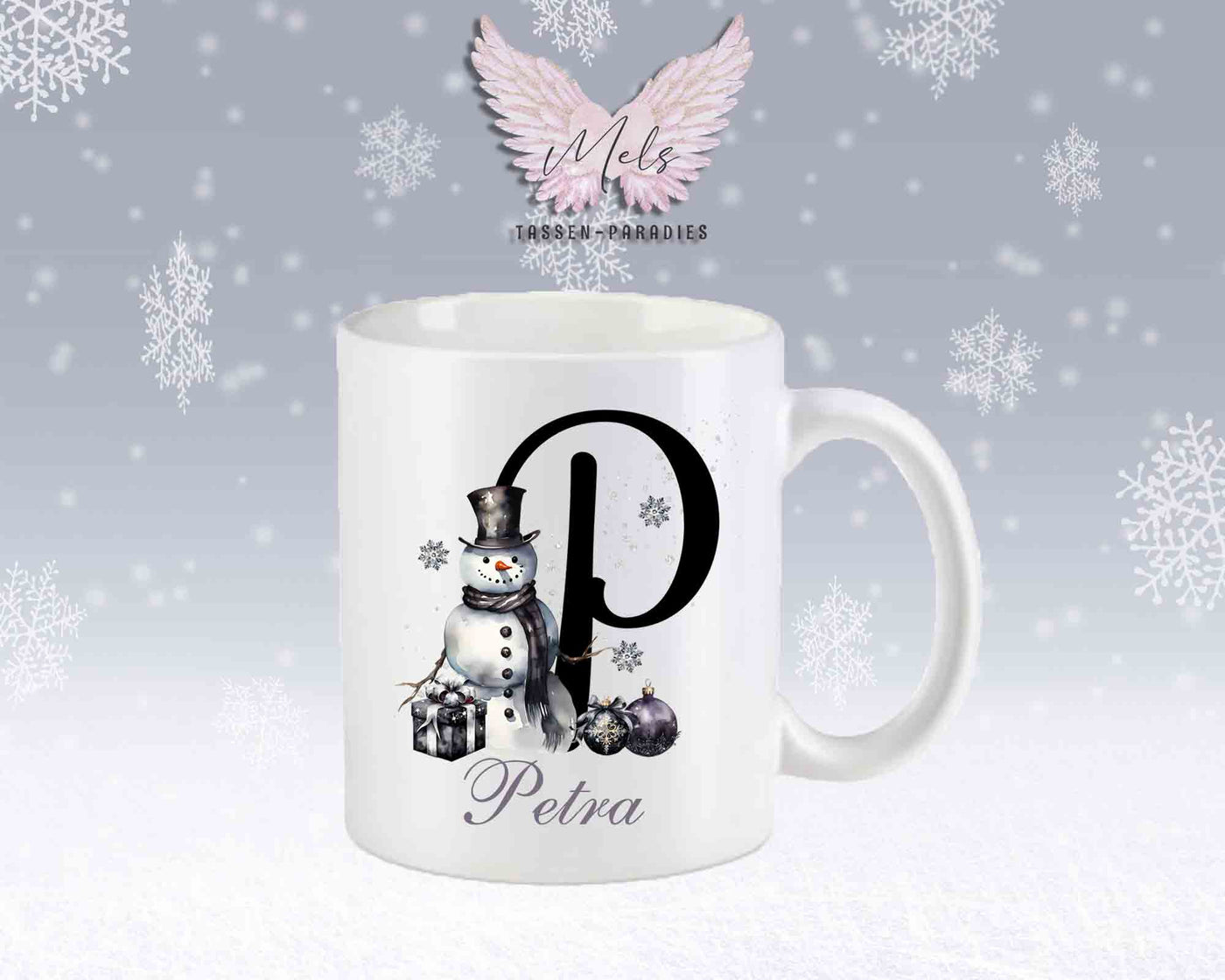 Schneemann Black-Alphabet mit Name - Personalisierte Keramik-Tasse Weiß-Matt
