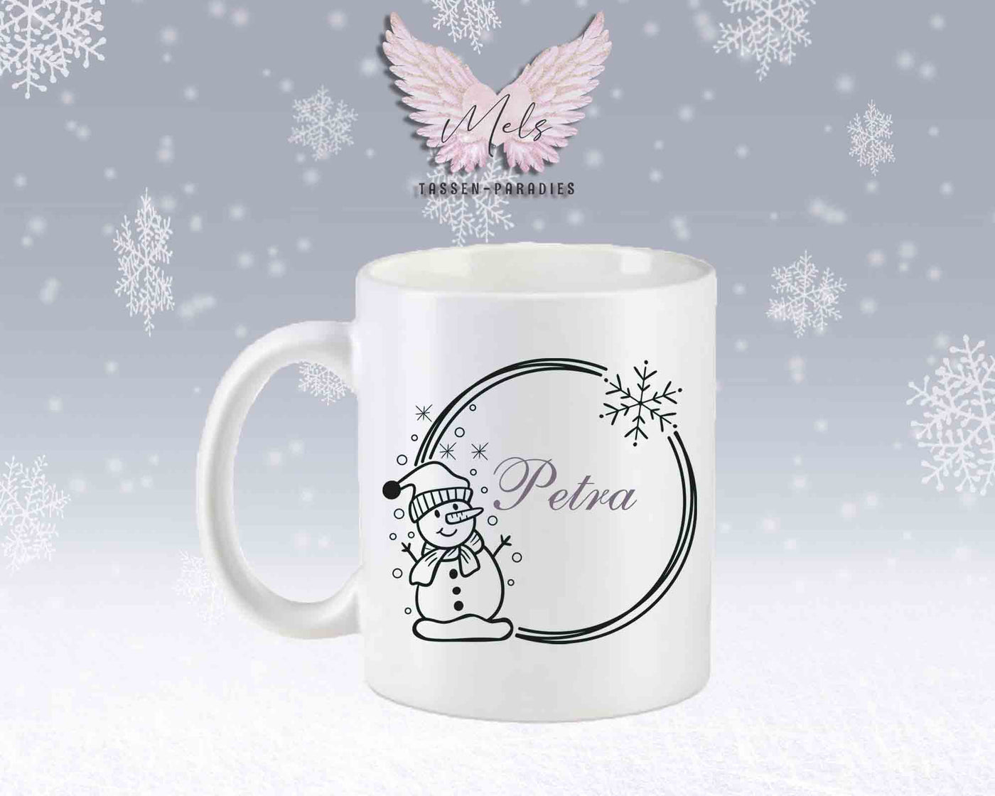 Schneemann Black-Alphabet mit Name - Personalisierte Keramik-Tasse Weiß-Matt