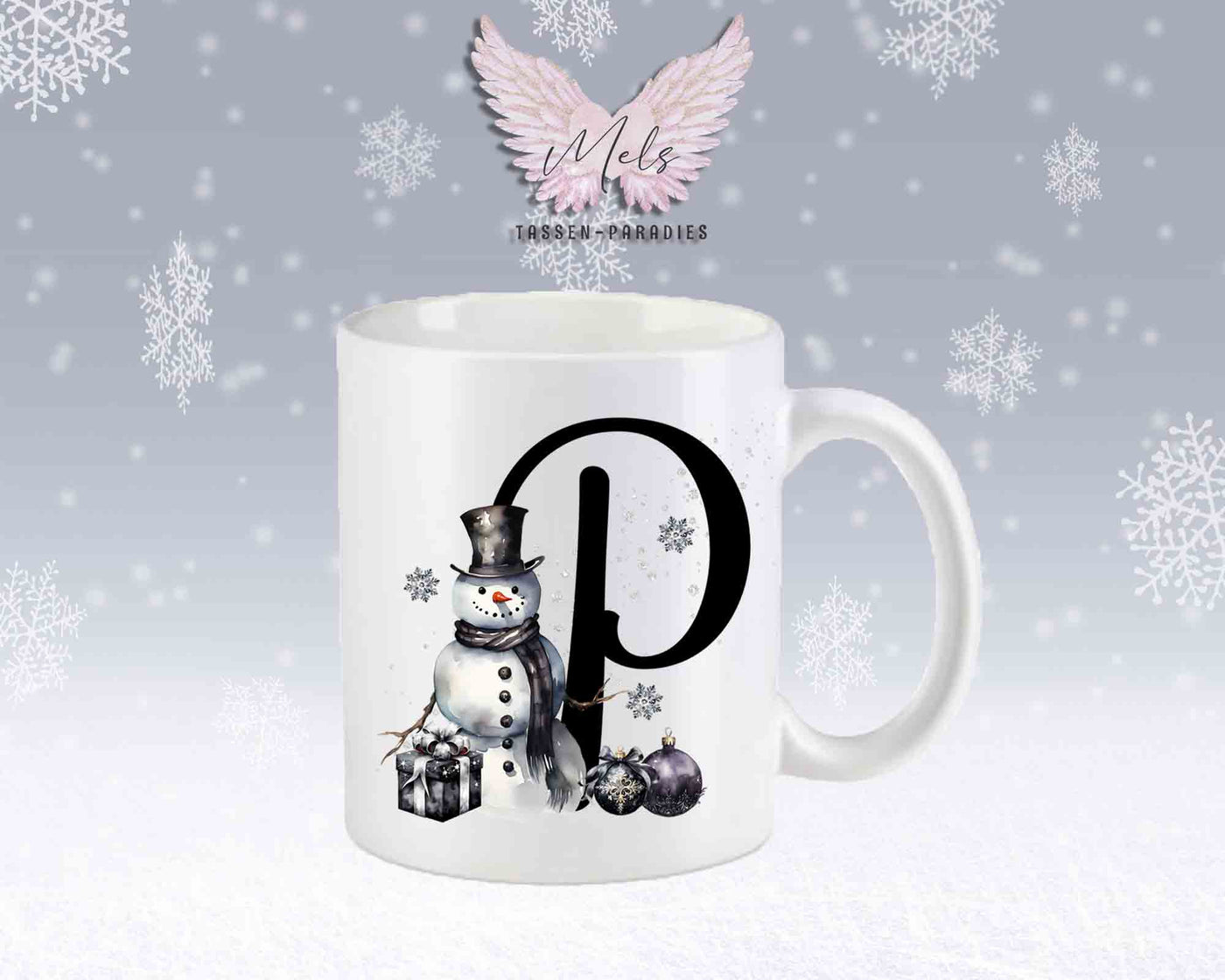 Schneemann Black-Alphabet mit Name - Personalisierte Keramik-Tasse Weiß-Matt
