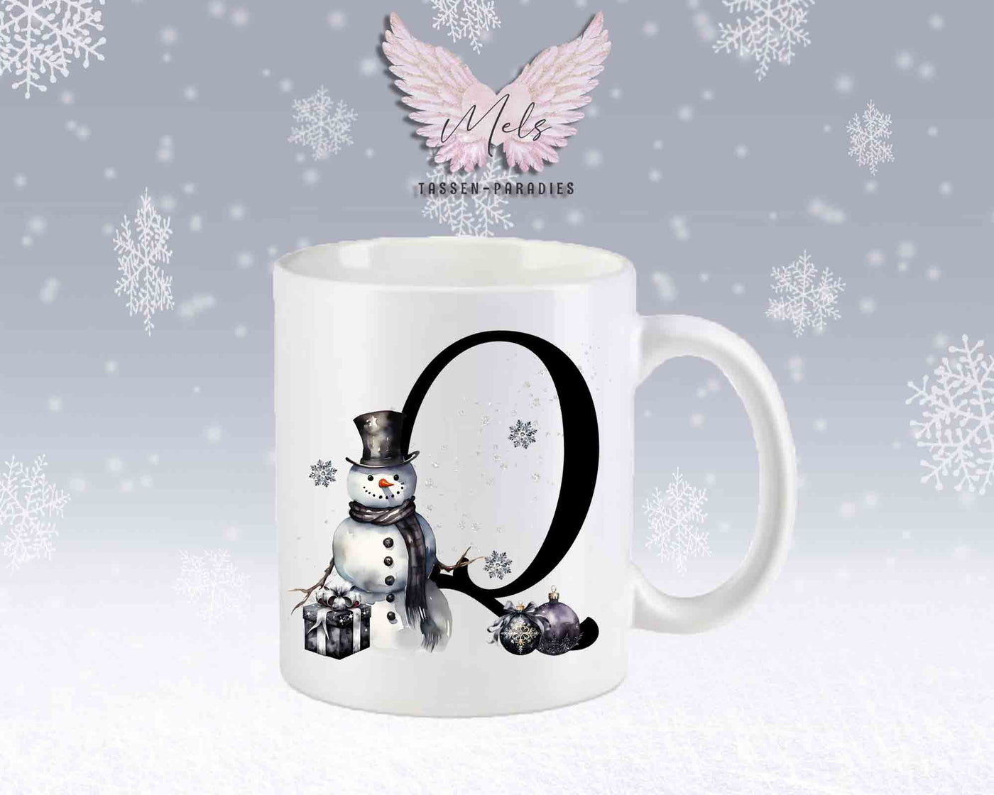 Schneemann Black-Alphabet mit Name - Personalisierte Keramik-Tasse Weiß-Matt