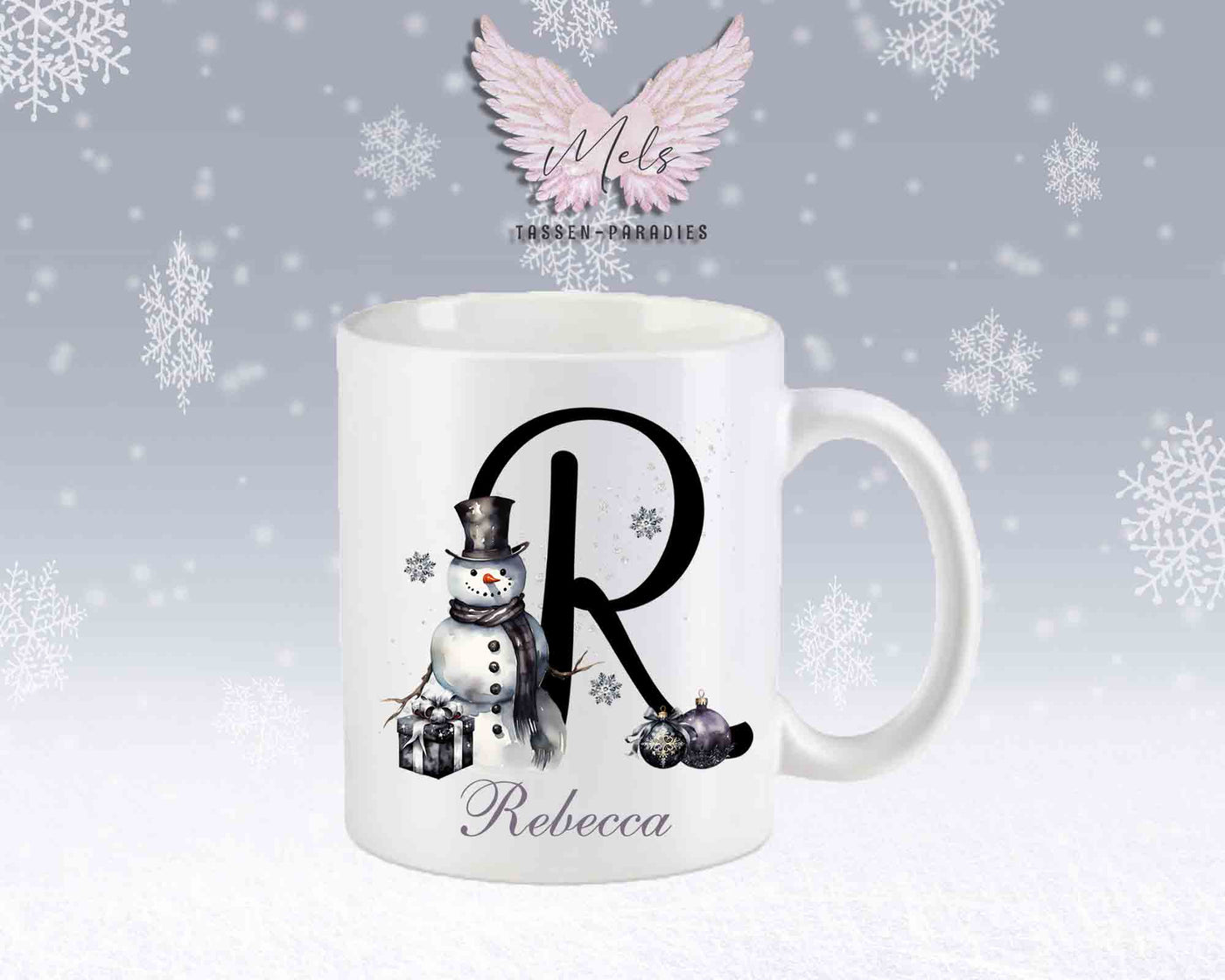 Schneemann Black-Alphabet mit Name - Personalisierte Keramik-Tasse Weiß-Matt