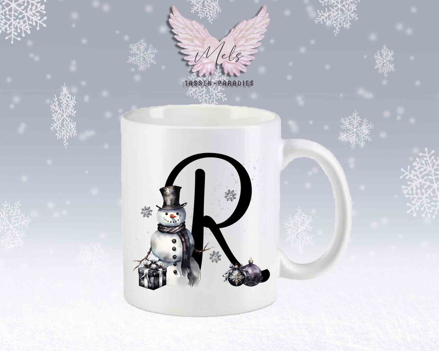 Schneemann Black-Alphabet mit Name - Personalisierte Keramik-Tasse Weiß-Matt