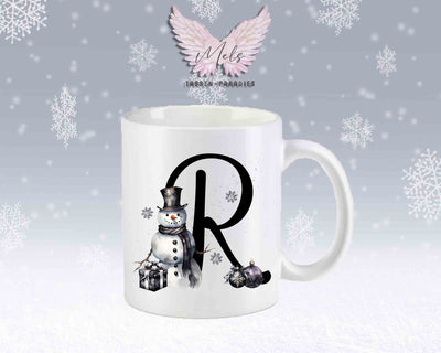 Schneemann Black-Alphabet mit Name - Personalisierte Keramik-Tasse Weiß-Matt