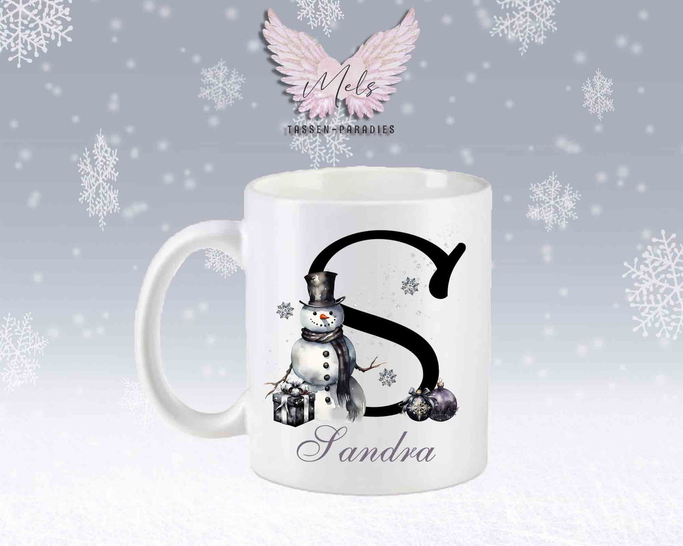Schneemann Black-Alphabet mit Name - Personalisierte Keramik-Tasse Weiß-Matt