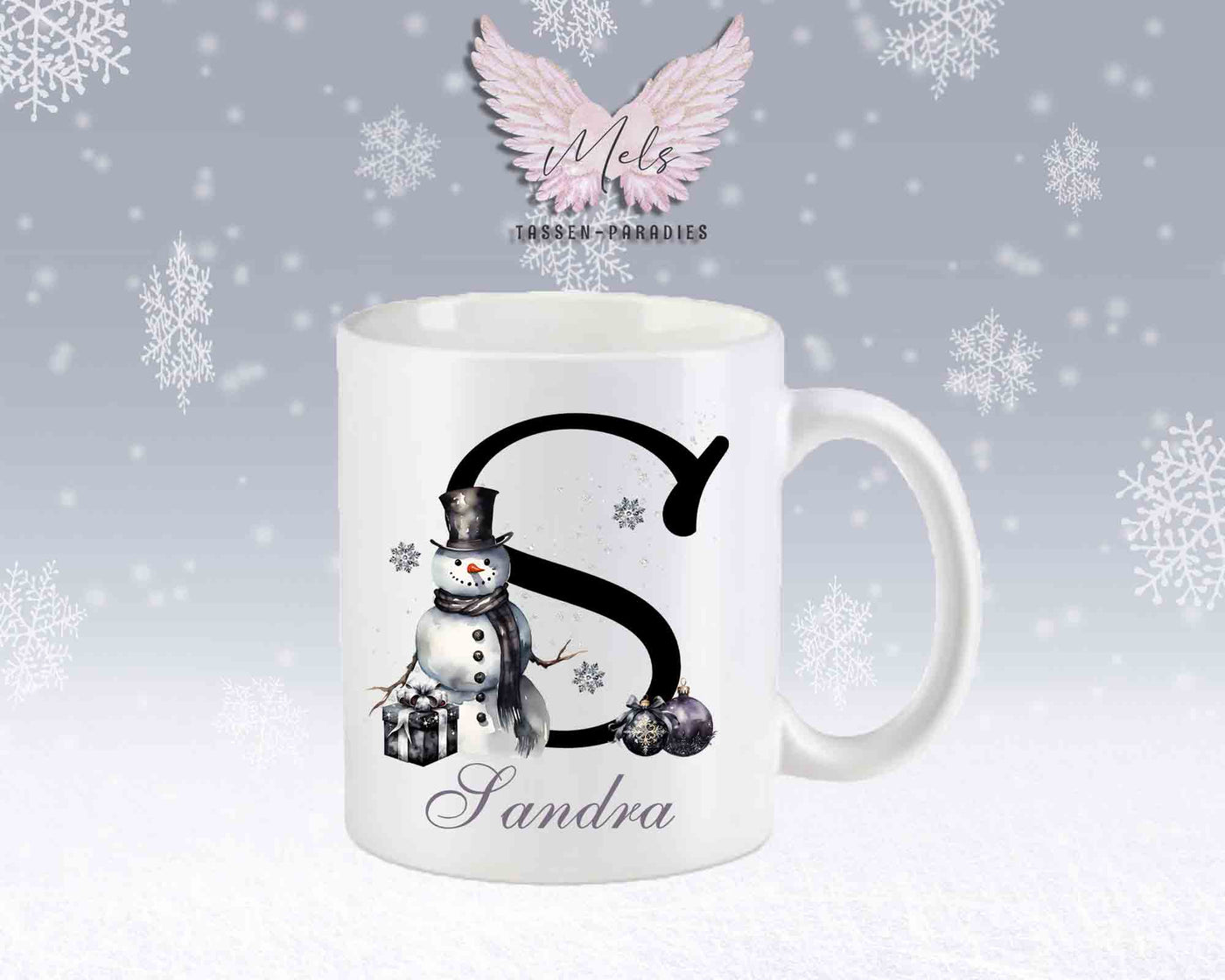 Schneemann Black-Alphabet mit Name - Personalisierte Keramik-Tasse Weiß-Matt