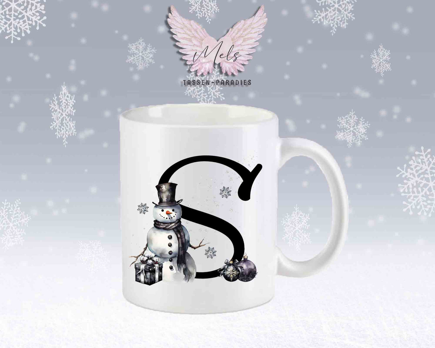 Schneemann Black-Alphabet mit Name - Personalisierte Keramik-Tasse Weiß-Matt