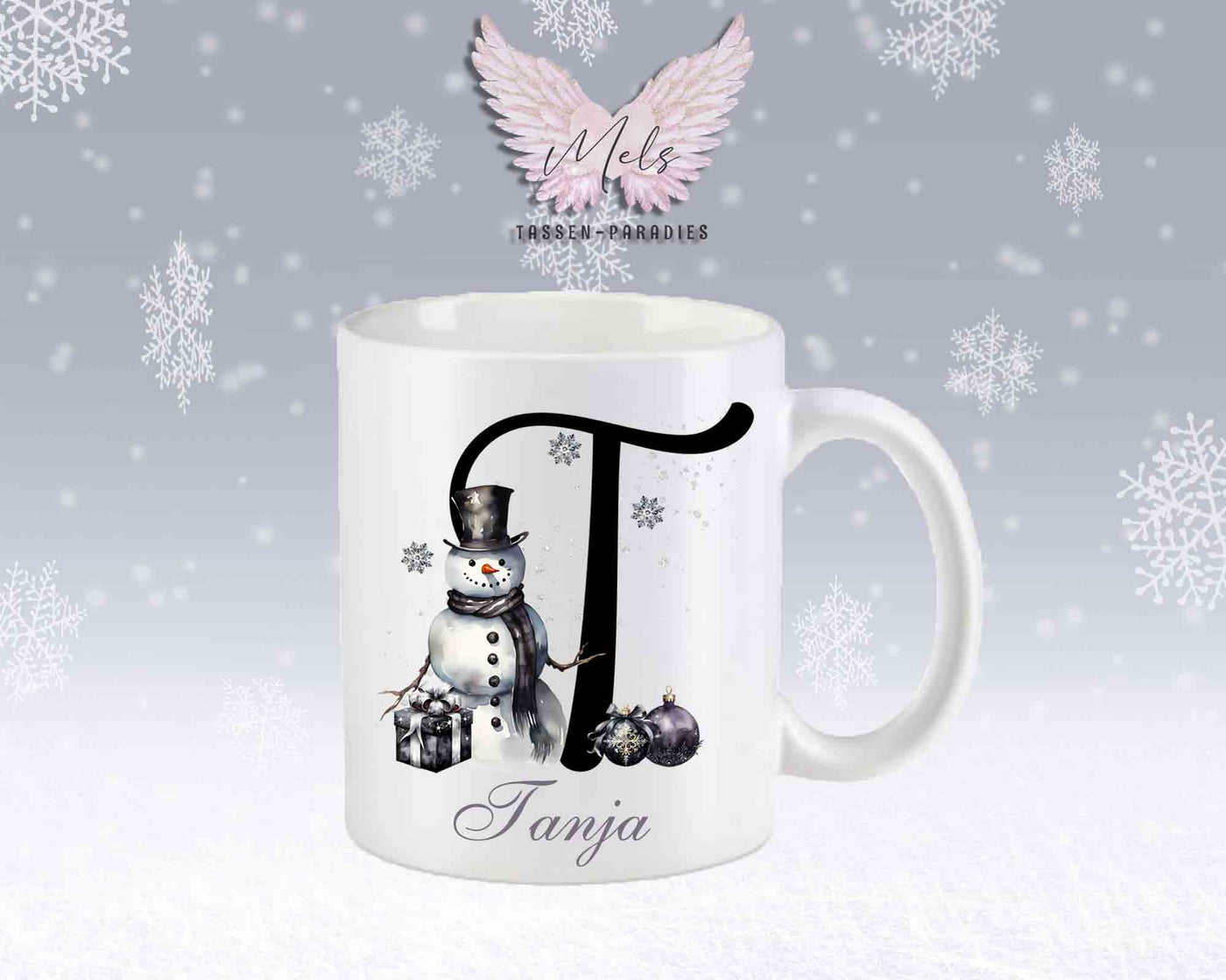 Schneemann Black-Alphabet mit Name - Personalisierte Keramik-Tasse Weiß-Matt