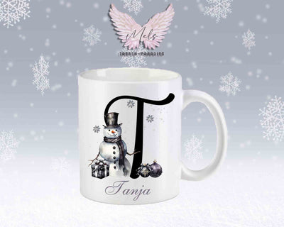 Schneemann Black-Alphabet mit Name - Personalisierte Keramik-Tasse Weiß-Matt