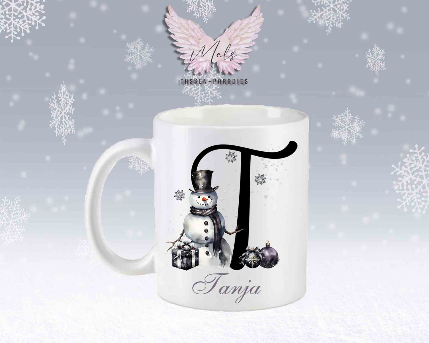 Schneemann Black-Alphabet mit Name - Personalisierte Keramik-Tasse Weiß-Matt