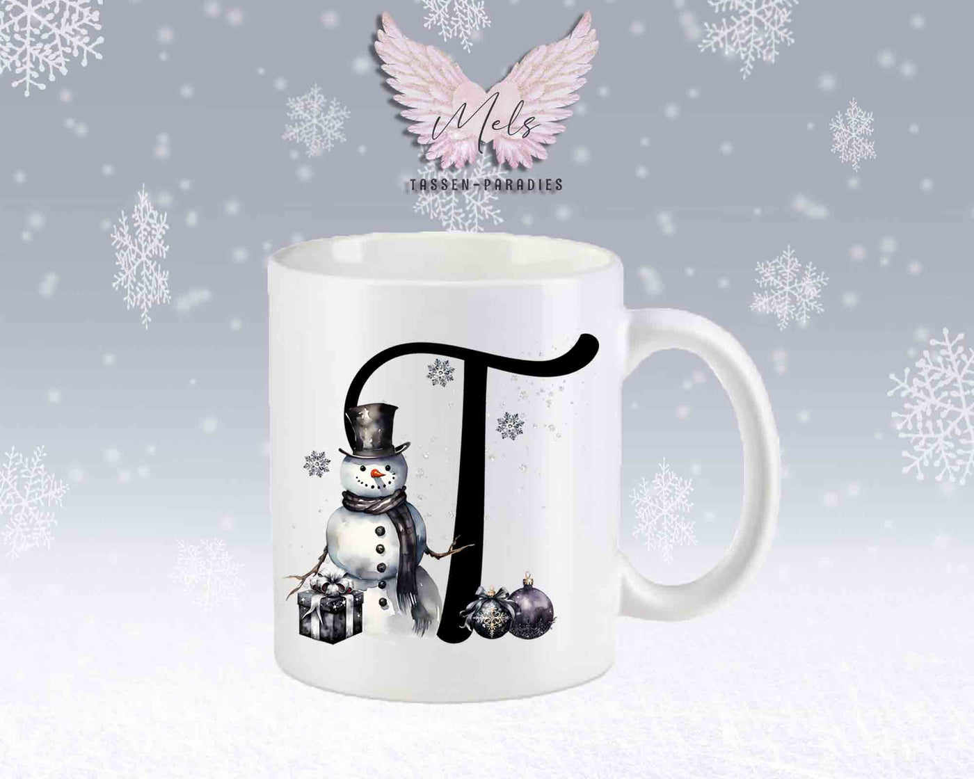 Schneemann Black-Alphabet mit Name - Personalisierte Keramik-Tasse Weiß-Matt