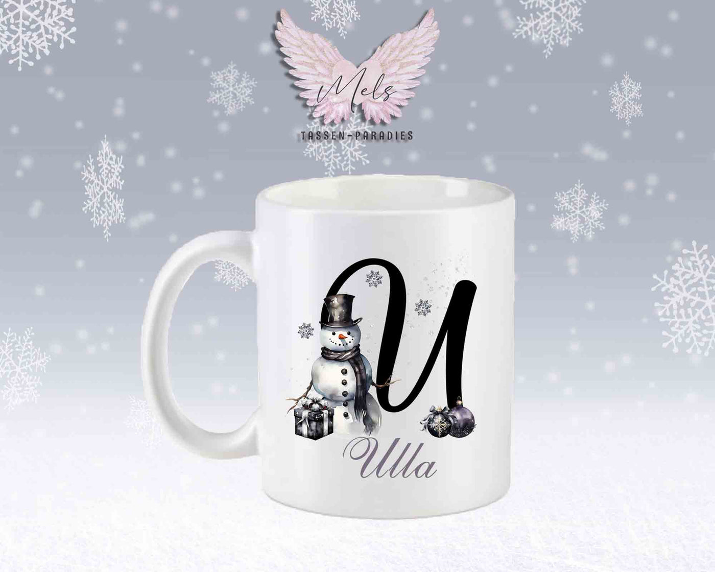 Schneemann Black-Alphabet mit Name - Personalisierte Keramik-Tasse Weiß-Matt