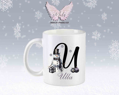 Schneemann Black-Alphabet mit Name - Personalisierte Keramik-Tasse Weiß-Matt