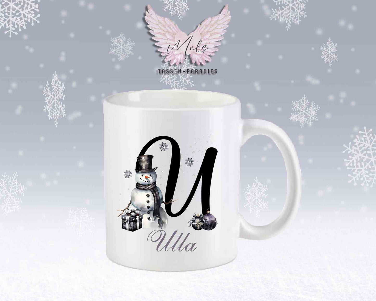 Schneemann Black-Alphabet mit Name - Personalisierte Keramik-Tasse Weiß-Matt