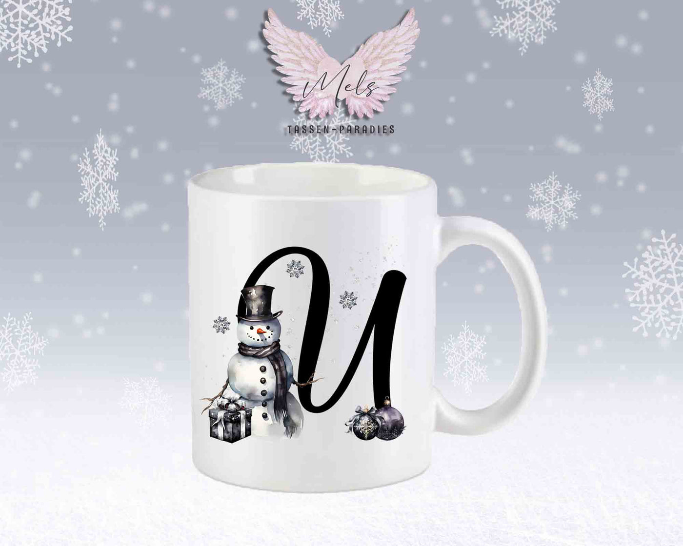 Schneemann Black-Alphabet mit Name - Personalisierte Keramik-Tasse Weiß-Matt