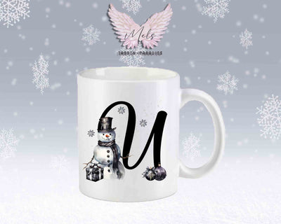 Schneemann Black-Alphabet mit Name - Personalisierte Keramik-Tasse Weiß-Matt