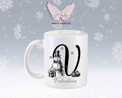 Schneemann Black-Alphabet mit Name - Personalisierte Keramik-Tasse Weiß-Matt