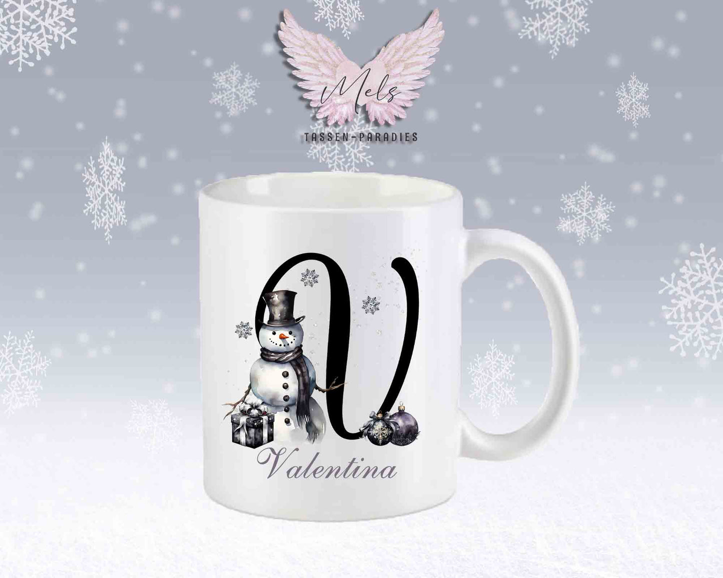 Schneemann Black-Alphabet mit Name - Personalisierte Keramik-Tasse Weiß-Matt