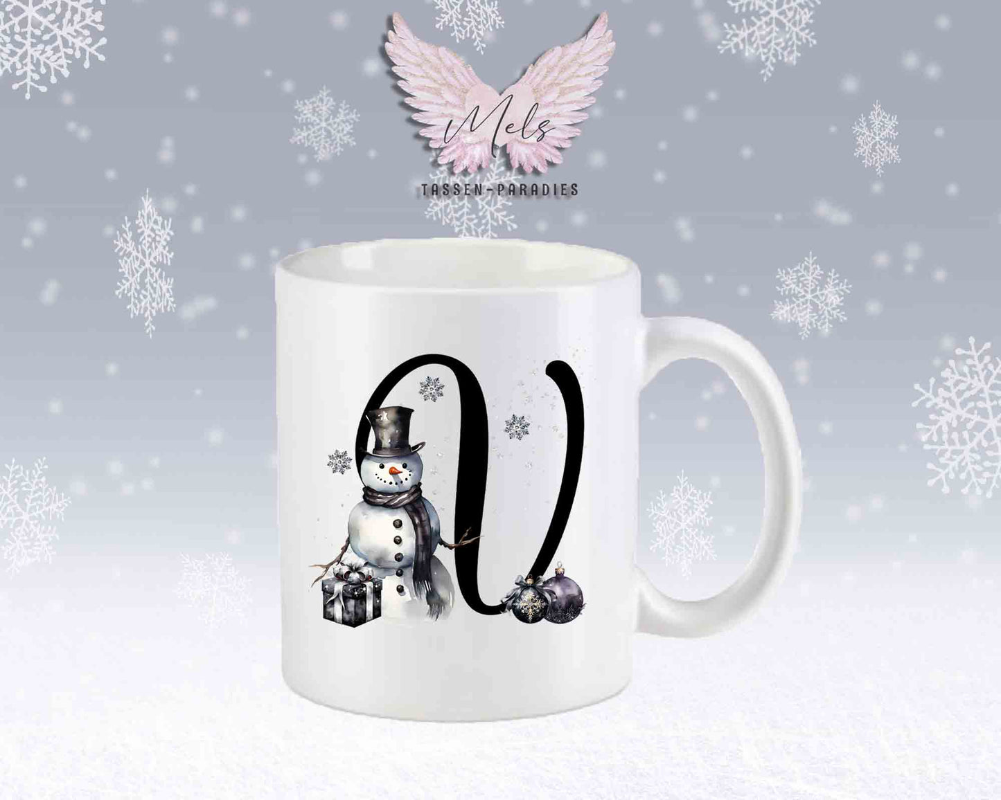 Schneemann Black-Alphabet mit Name - Personalisierte Keramik-Tasse Weiß-Matt