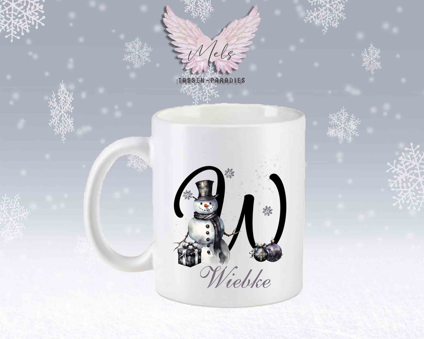 Schneemann Black-Alphabet mit Name - Personalisierte Keramik-Tasse Weiß-Matt