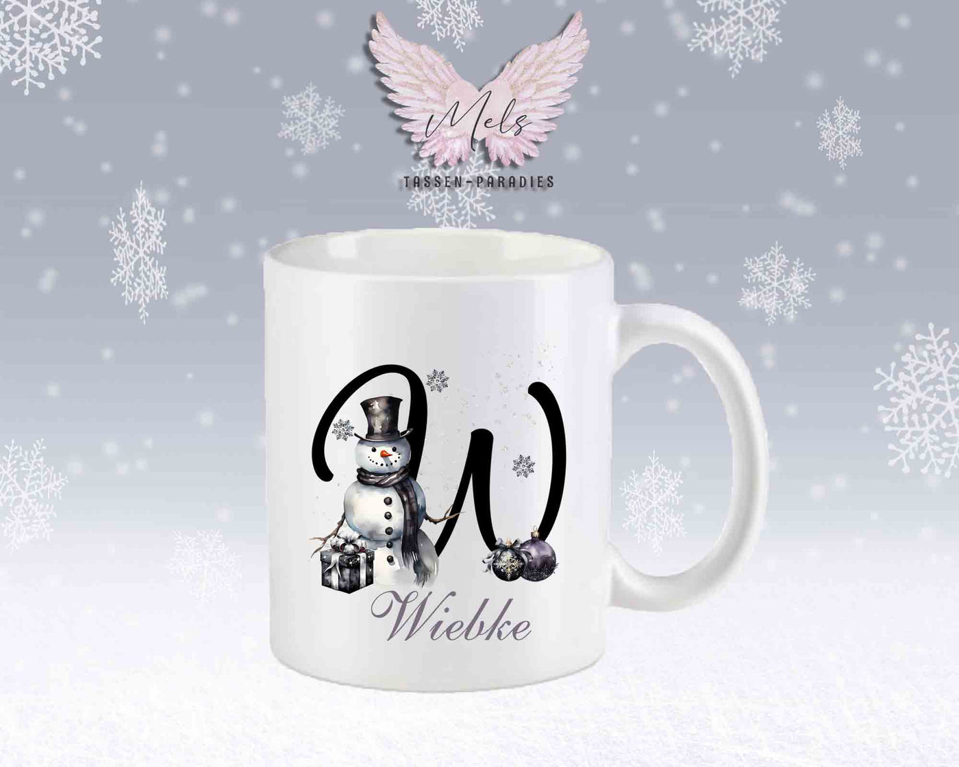Schneemann Black-Alphabet mit Name - Personalisierte Keramik-Tasse Weiß-Matt