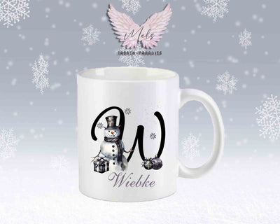 Schneemann Black-Alphabet mit Name - Personalisierte Keramik-Tasse Weiß-Matt