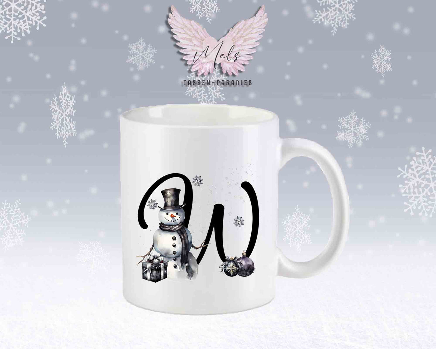 Schneemann Black-Alphabet mit Name - Personalisierte Keramik-Tasse Weiß-Matt