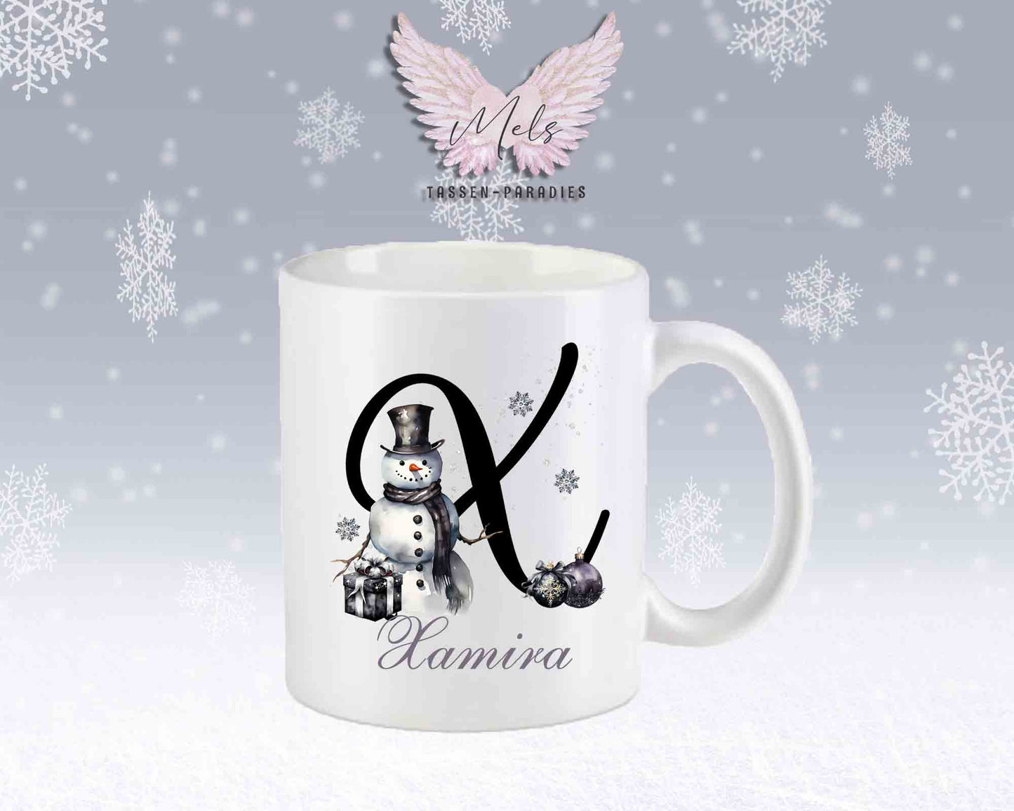 Schneemann Black-Alphabet mit Name - Personalisierte Keramik-Tasse Weiß-Matt