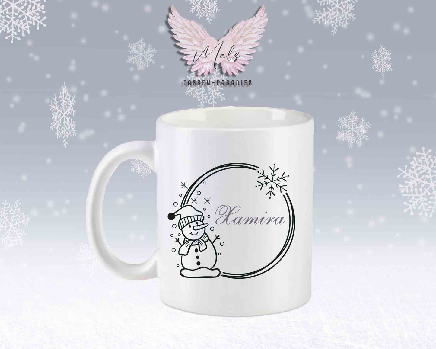 Schneemann Black-Alphabet mit Name - Personalisierte Keramik-Tasse Weiß-Matt