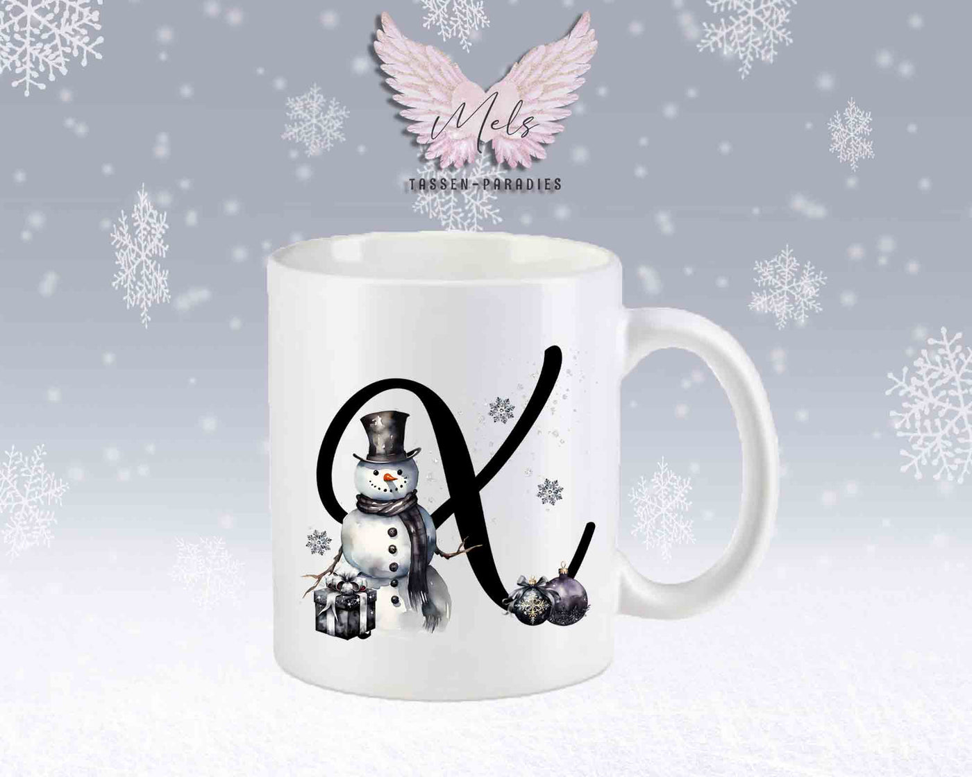 Schneemann Black-Alphabet mit Name - Personalisierte Keramik-Tasse Weiß-Matt