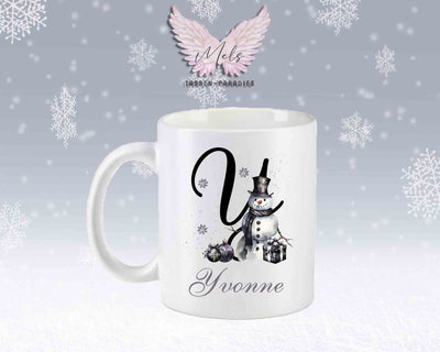 Schneemann Black-Alphabet mit Name - Personalisierte Keramik-Tasse Weiß-Matt