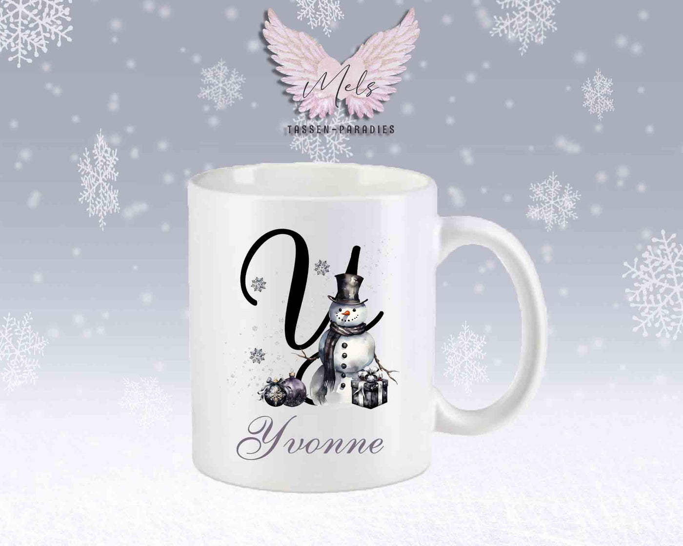 Schneemann Black-Alphabet mit Name - Personalisierte Keramik-Tasse Weiß-Matt