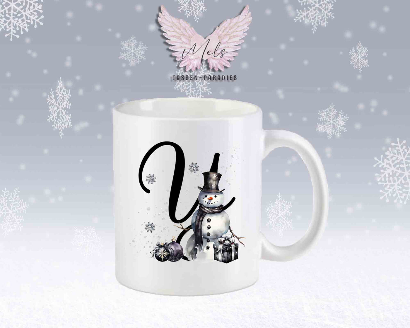 Schneemann Black-Alphabet mit Name - Personalisierte Keramik-Tasse Weiß-Matt