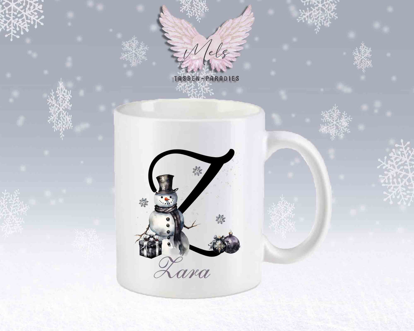 Schneemann Black-Alphabet mit Name - Personalisierte Keramik-Tasse Weiß-Matt