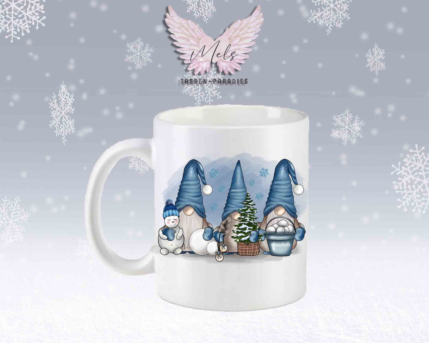 Tasse mit süßen Wichtel in Blau mit oder ohne Wunschname