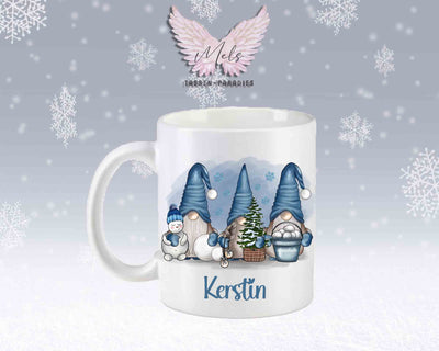 Tasse mit süßen Wichtel in Blau mit oder ohne Wunschname