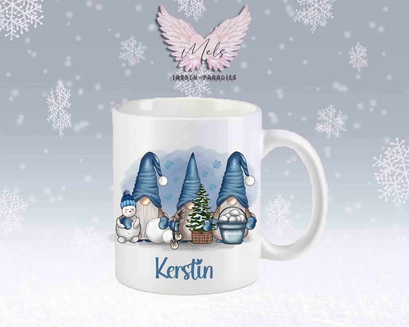 Tasse mit süßen Wichtel in Blau mit oder ohne Wunschname