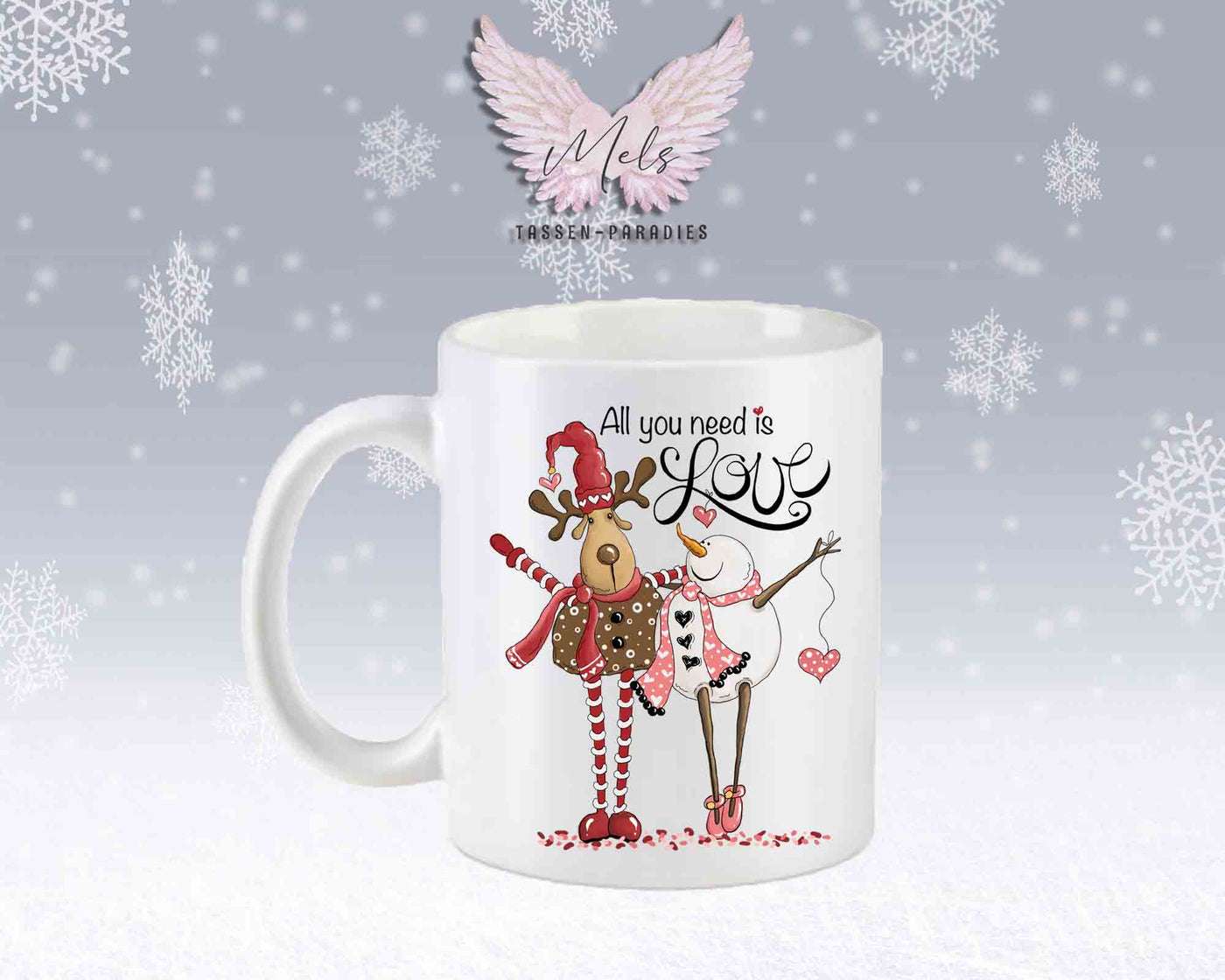 Tasse mit süßem Paar-Schneefrau und Hirsch – mit oder ohne Wunschname