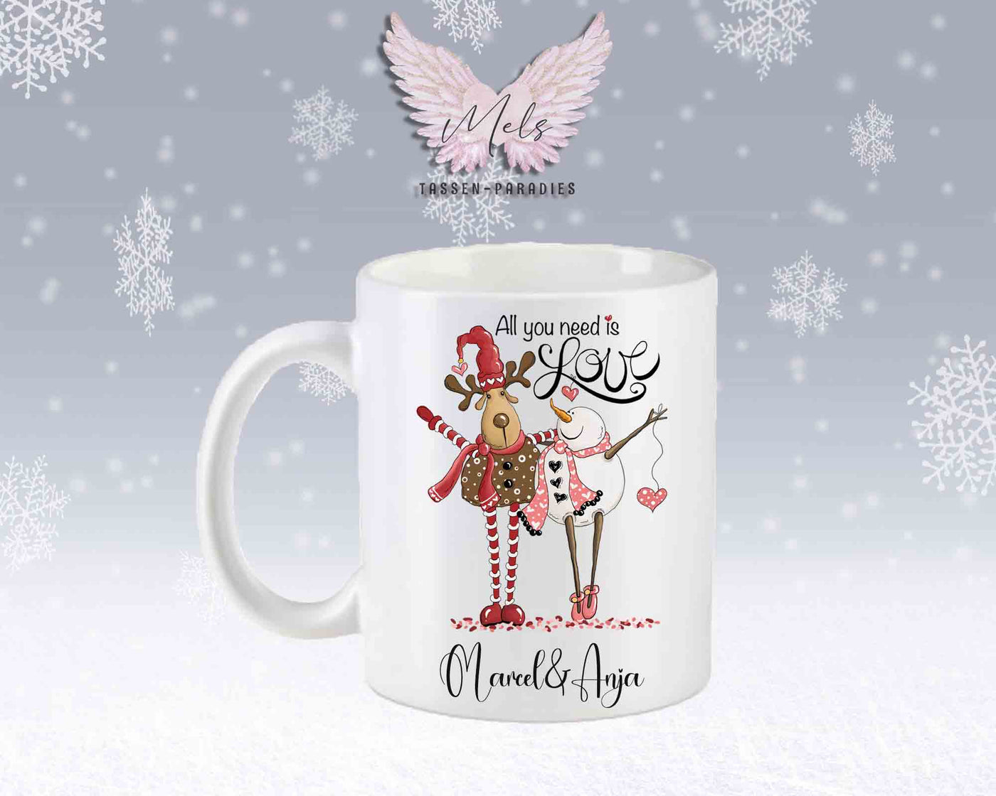 Tasse mit süßem Paar-Schneefrau und Hirsch – mit oder ohne Wunschname
