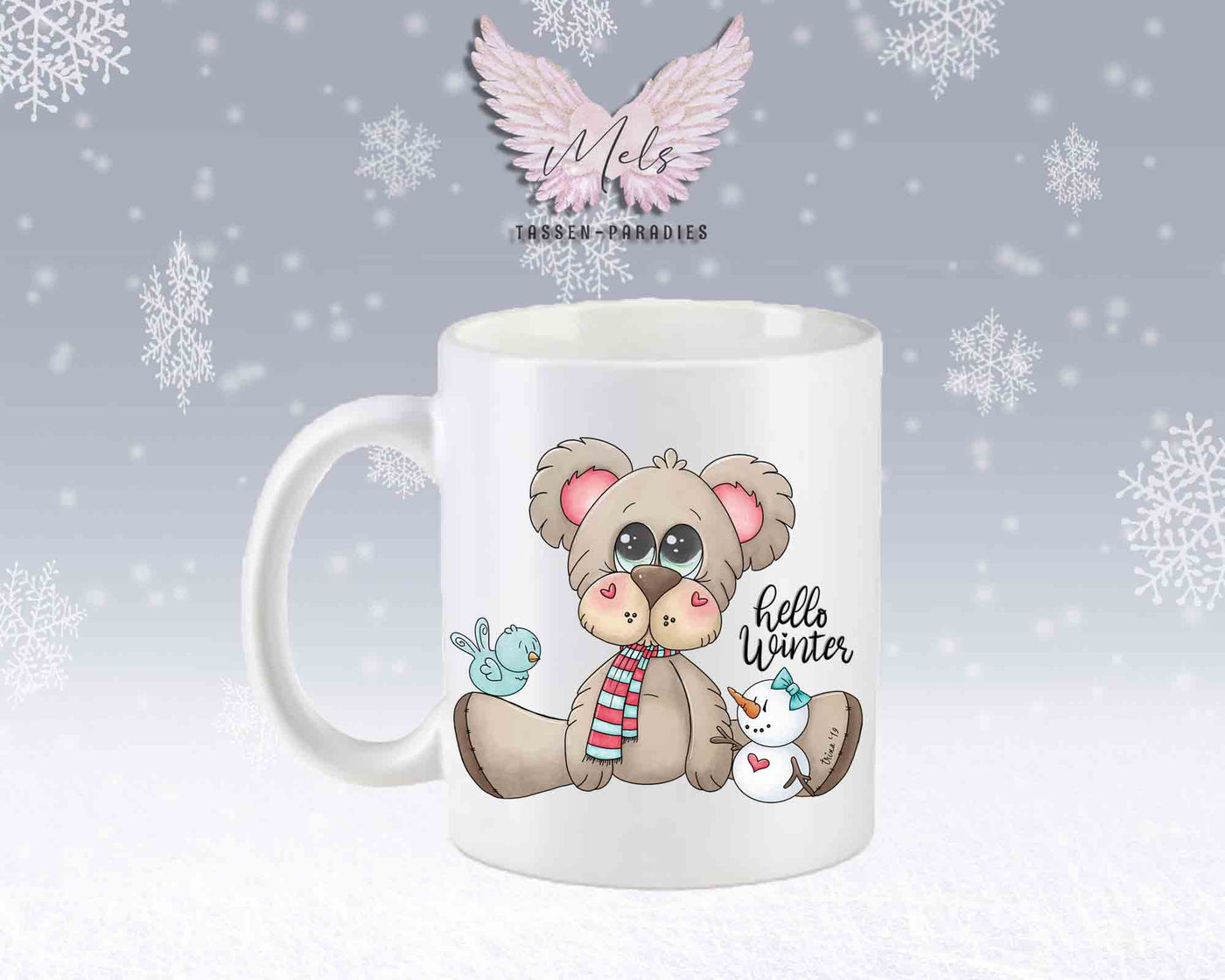 Tasse mit süßen Teddy Hello Winter– mit oder ohne Wunschname